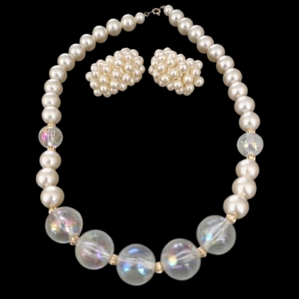 π£ Vintage 90s Fashion Faux Graduated Pearl Necklace & Clip Earring Set π π